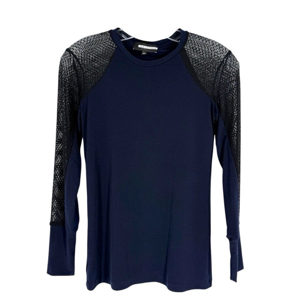 Anatomie Blouse Womens Size XS Navy Blue Stretch Knit Black Mesh Lace Sleeves